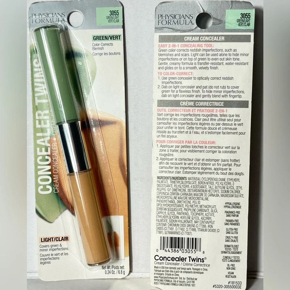 Physicians formula cream concealers twins 3055 green/light color correct blemish